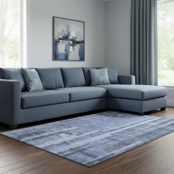 HomeRoots 8' X 10' Denim Blue & Gray Striped Washable Area Rug - Durable, UV Protected, Pet-Friendly Style! 683253