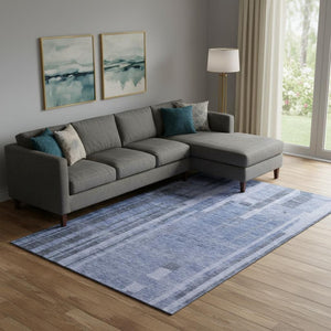 HomeRoots 9' X 12' Denim Blue and Gray Striped Washable Area Rug – UV Resistant, Soft & Durable for High-Traffic Spaces 683254