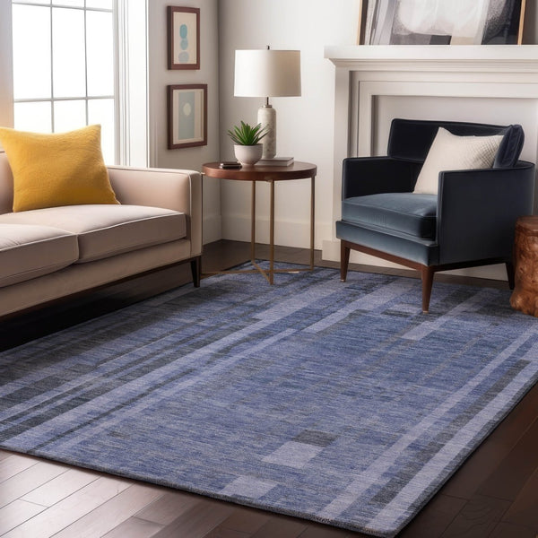 HomeRoots 9' X 12' Denim Blue and Gray Striped Washable Area Rug – UV Resistant, Soft & Durable for High-Traffic Spaces 683254