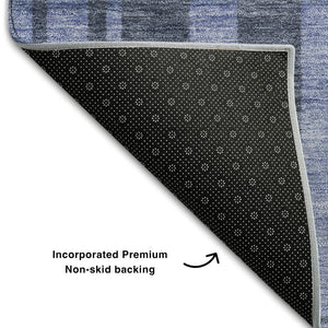 HomeRoots 9' X 12' Denim Blue and Gray Striped Washable Area Rug – UV Resistant, Soft & Durable for High-Traffic Spaces 683254