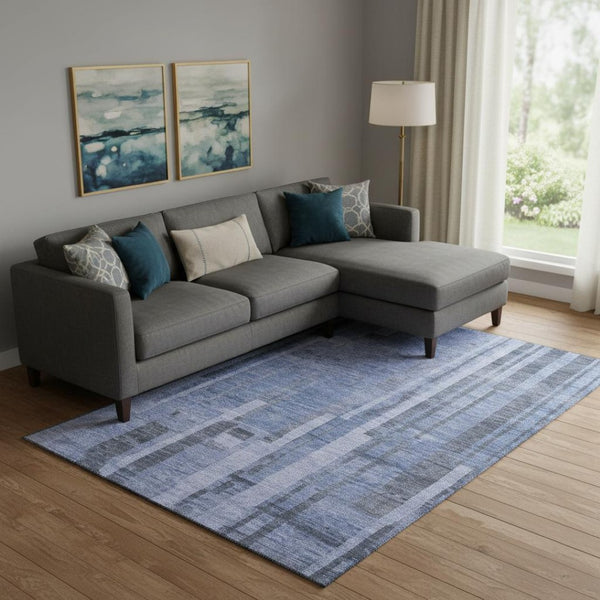 HomeRoots 10' X 14' Denim Blue Striped Area Rug - Washable, UV Protected, Stain-Resistant for Busy Homes! 683255