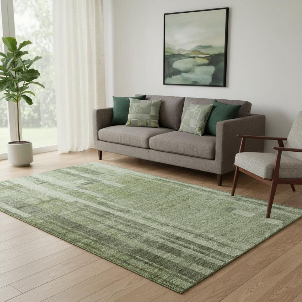 HomeRoots 5' X 8' Green and Gray Striped Area Rug - Durable, Washable, UV-Protected, Perfect for Busy Homes! 683257