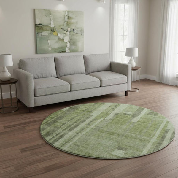 HomeRoots 8' Green and Gray Striped Round Rug - Washable, UV Protected, Durable Design for High-Traffic Areas 683258