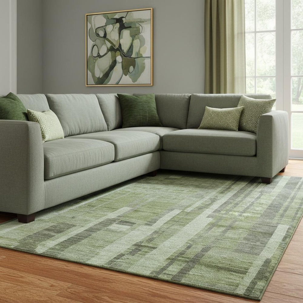 HomeRoots 8' X 10' Green and Gray Striped Area Rug - Washable, UV Protected, Durable Design for Family Rooms 683259