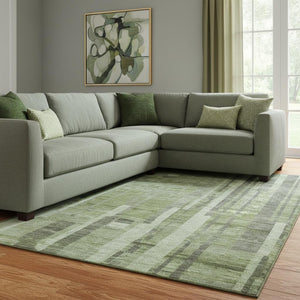 HomeRoots 8' X 10' Green and Gray Striped Area Rug - Washable, UV Protected, Durable Design for Family Rooms 683259