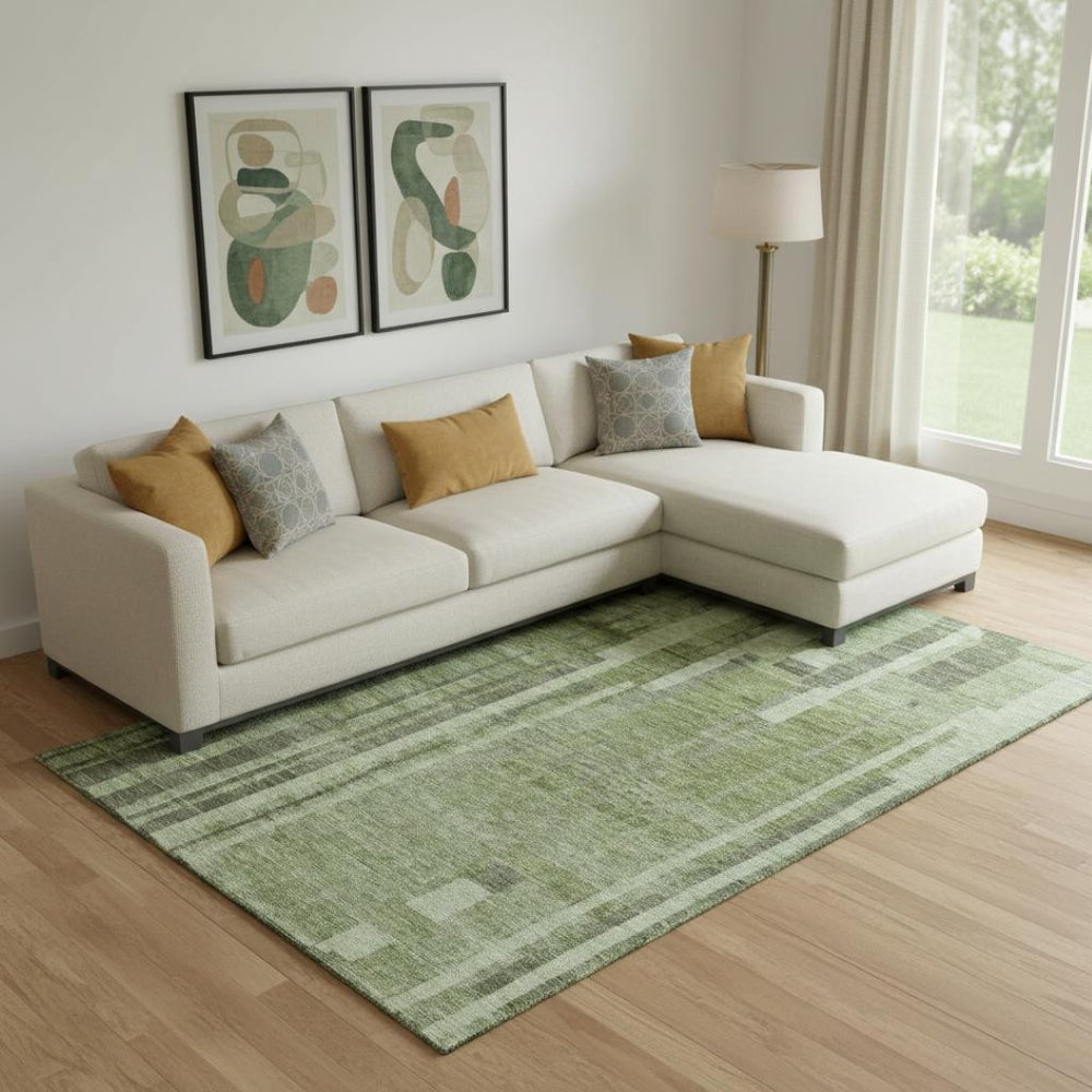 HomeRoots 9' X 12' Green and Gray Striped Washable Area Rug – Durable, UV-Protected, Perfect for High-Traffic Spaces 683260