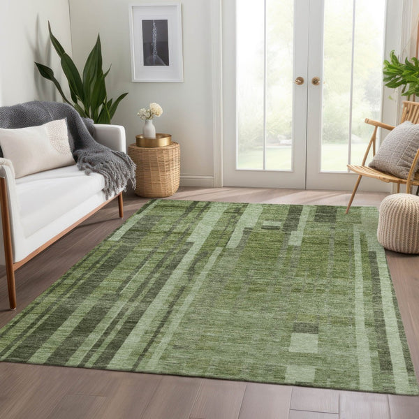 HomeRoots 10' X 14' Green and Gray Striped Area Rug - Washable, UV Protected, Perfect for Busy Homes & Families! 683261