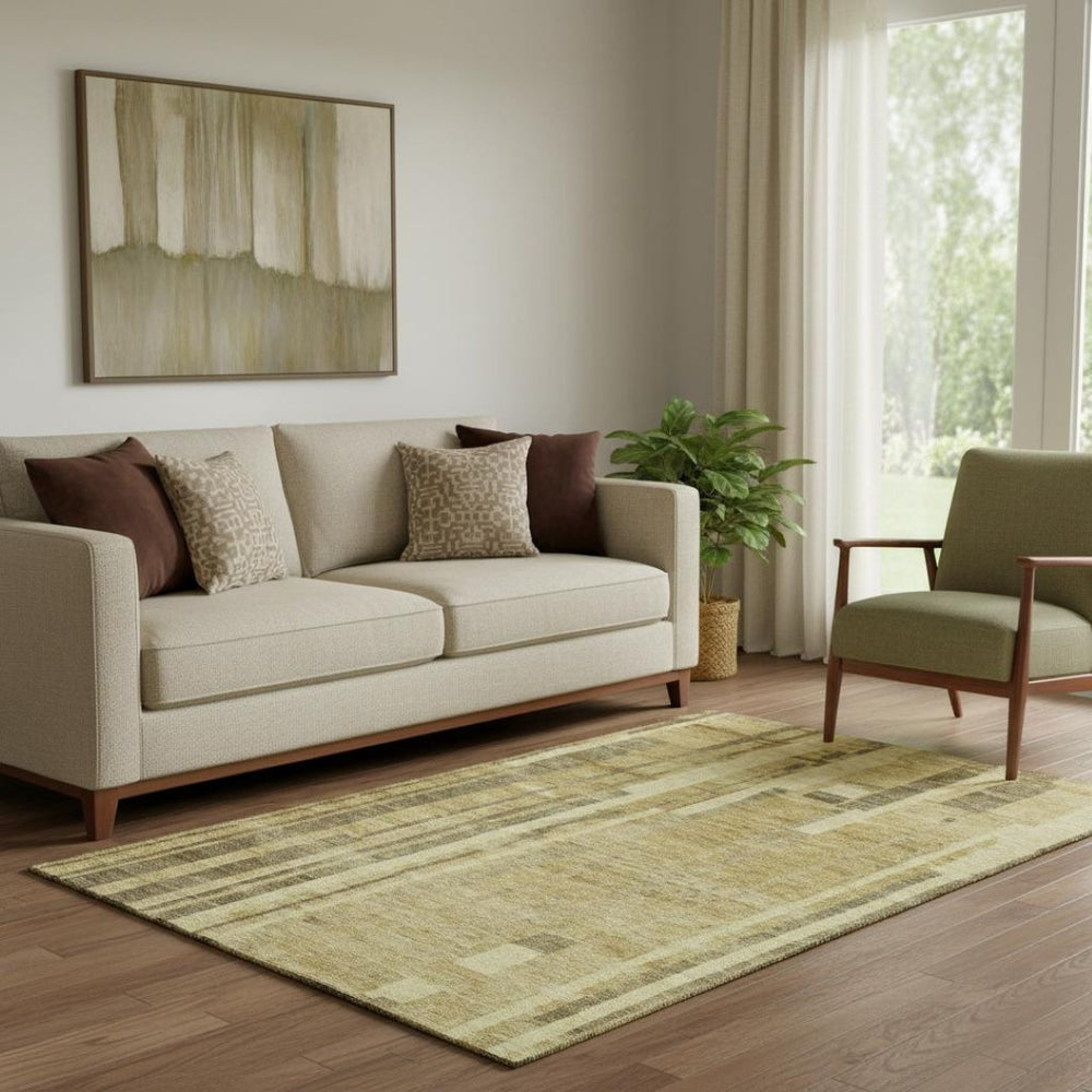 HomeRoots 5' X 8' Gold and Brown Striped Area Rug - Washable, Stain Resistant, UV Protected, Durable Design 683263