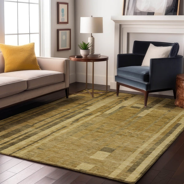 HomeRoots 5' X 8' Gold and Brown Striped Area Rug - Washable, Stain Resistant, UV Protected, Durable Design 683263