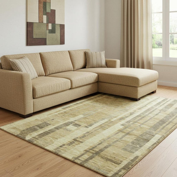 HomeRoots 8' X 10' Stylish Gold and Brown Striped Washable Area Rug with UV Protection for Everyday Durability 683265