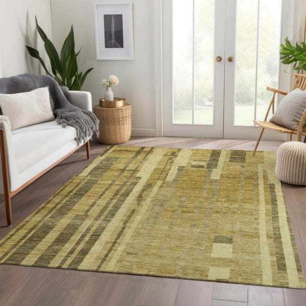 HomeRoots 8' X 10' Stylish Gold and Brown Striped Washable Area Rug with UV Protection for Everyday Durability 683265