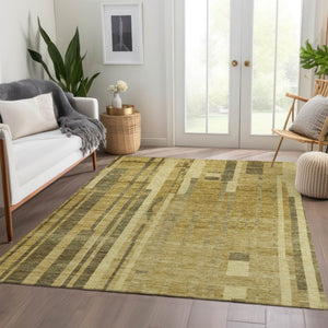 HomeRoots 9' X 12' Gold and Brown Striped Washable Area Rug – Durable, UV-Protected for Homes with Kids & Pets 683266