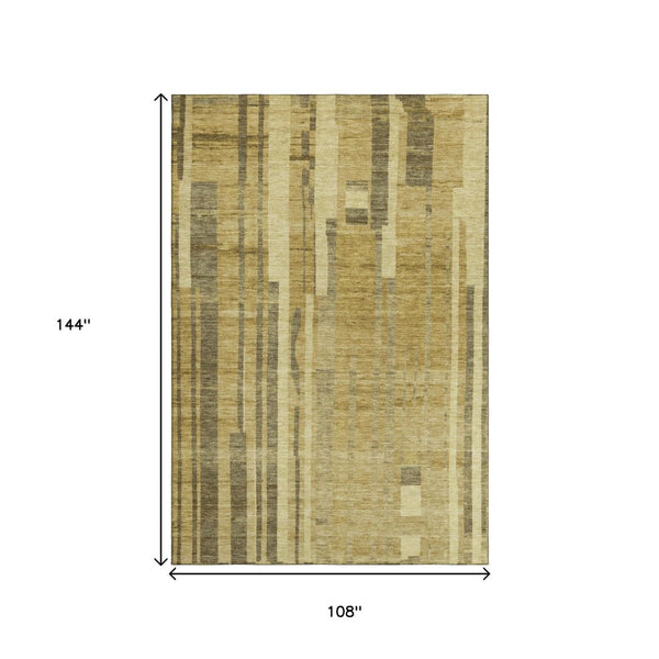 HomeRoots 9' X 12' Gold and Brown Striped Washable Area Rug – Durable, UV-Protected for Homes with Kids & Pets 683266