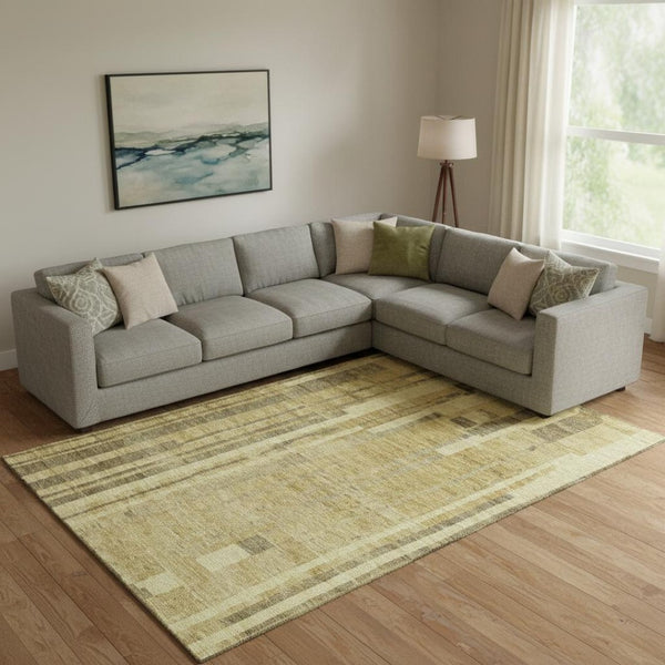 HomeRoots 9' X 12' Gold and Brown Striped Washable Area Rug – Durable, UV-Protected for Homes with Kids & Pets 683266