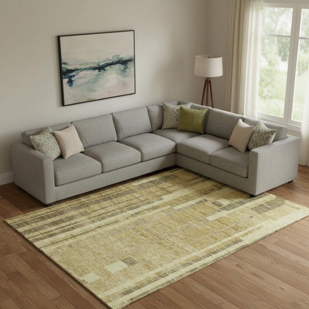 HomeRoots 10' Gold and Brown Striped Washable Area Rug - UV Protected, Durable Polyester for Family Living Spaces 683267