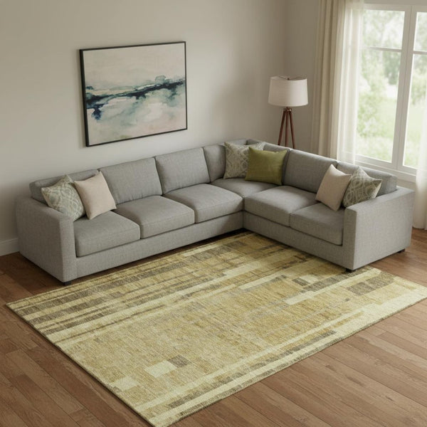 HomeRoots 10' Gold and Brown Striped Washable Area Rug - UV Protected, Durable Polyester for Family Living Spaces 683267