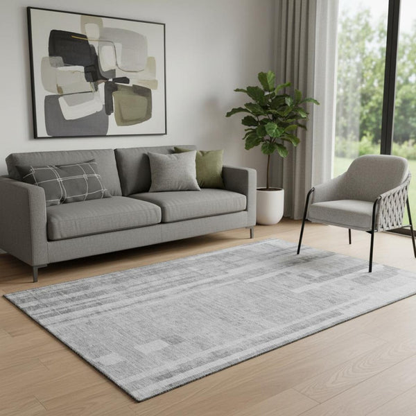 HomeRoots 5' X 8' Gray and Silver Striped Washable Area Rug - Stylish, Durable, UV Protected for Any Room! 683269