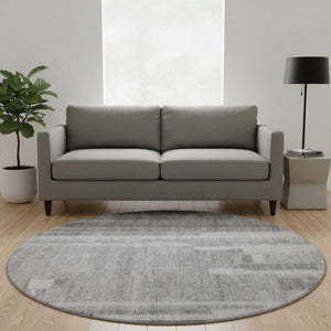 HomeRoots 8' Gray and Silver Striped Round Rug – Washable, UV Protective, Stain-Resistant for Busy Homes 683270