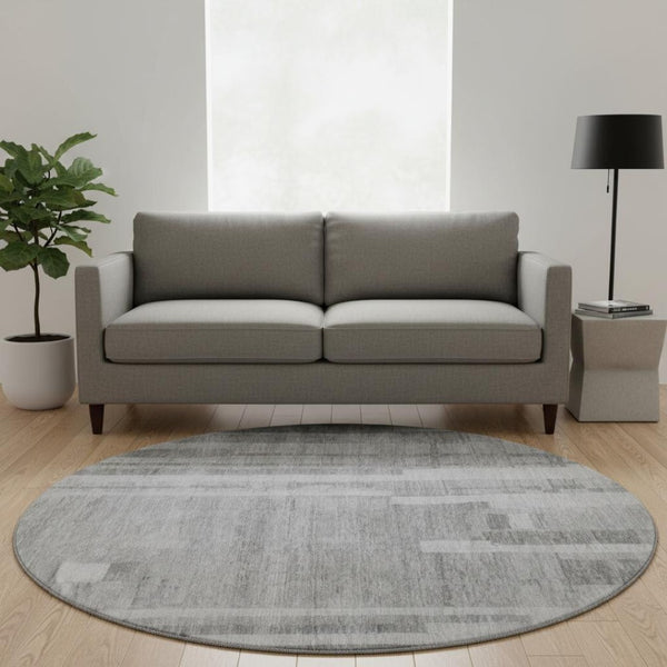 HomeRoots 8' Gray and Silver Striped Round Rug – Washable, UV Protective, Stain-Resistant for Busy Homes 683270