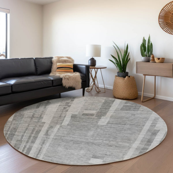 HomeRoots 8' Gray and Silver Striped Round Rug – Washable, UV Protective, Stain-Resistant for Busy Homes 683270