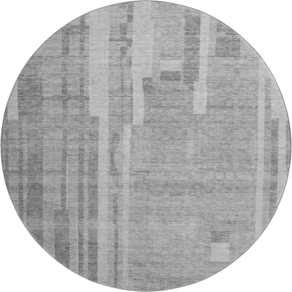 HomeRoots 8' Gray and Silver Striped Round Rug – Washable, UV Protective, Stain-Resistant for Busy Homes 683270