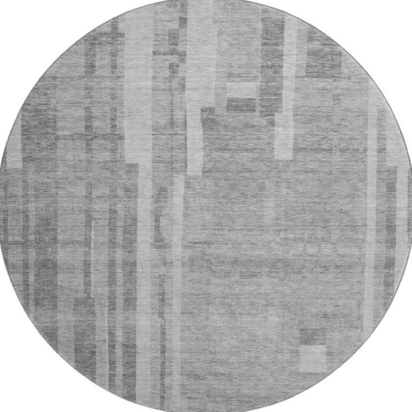 HomeRoots 8' Gray and Silver Striped Round Rug – Washable, UV Protective, Stain-Resistant for Busy Homes 683270
