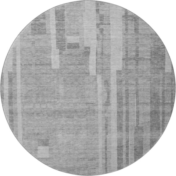 HomeRoots 8' Gray and Silver Striped Round Rug – Washable, UV Protective, Stain-Resistant for Busy Homes 683270