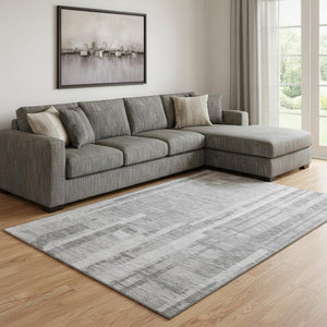 HomeRoots 8' X 10' Striped Gray and Silver Washable Area Rug with UV Protection for Modern Homes and Families 683271