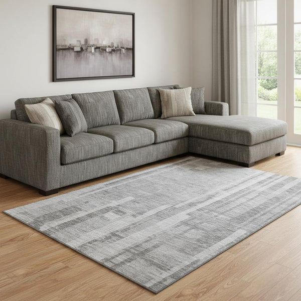 HomeRoots 8' X 10' Striped Gray and Silver Washable Area Rug with UV Protection for Modern Homes and Families 683271