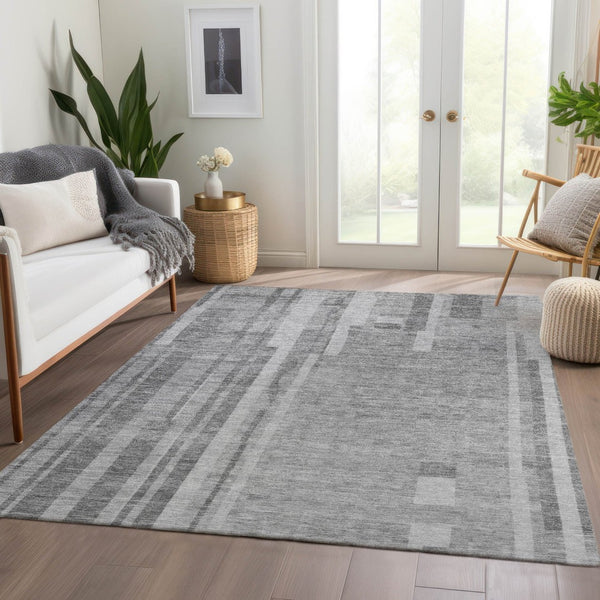 HomeRoots 10' Gray and Silver Striped Washable Area Rug - UV Protected, Stain Resistant, Ideal for Modern Spaces 683273