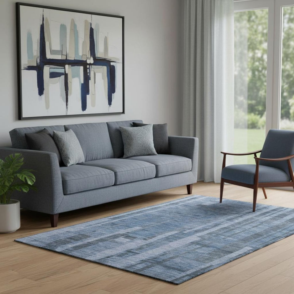 HomeRoots 5' X 8' Navy Blue & Denim Striped Washable Area Rug with UV Protection for Coastal Living Spaces 683275