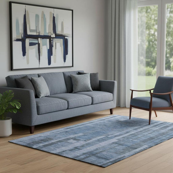 HomeRoots 5' X 8' Navy Blue & Denim Striped Washable Area Rug with UV Protection for Coastal Living Spaces 683275