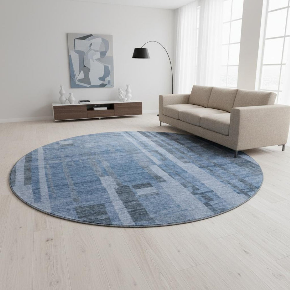 HomeRoots 8' Navy Blue Striped Round Washable Rug with UV Protection - Durable & Stylish for Any Space! 683276