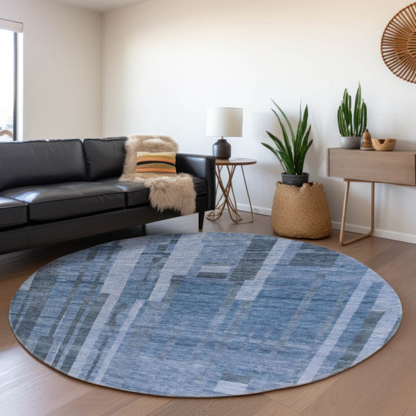 HomeRoots 8' Navy Blue Striped Round Washable Rug with UV Protection - Durable & Stylish for Any Space! 683276