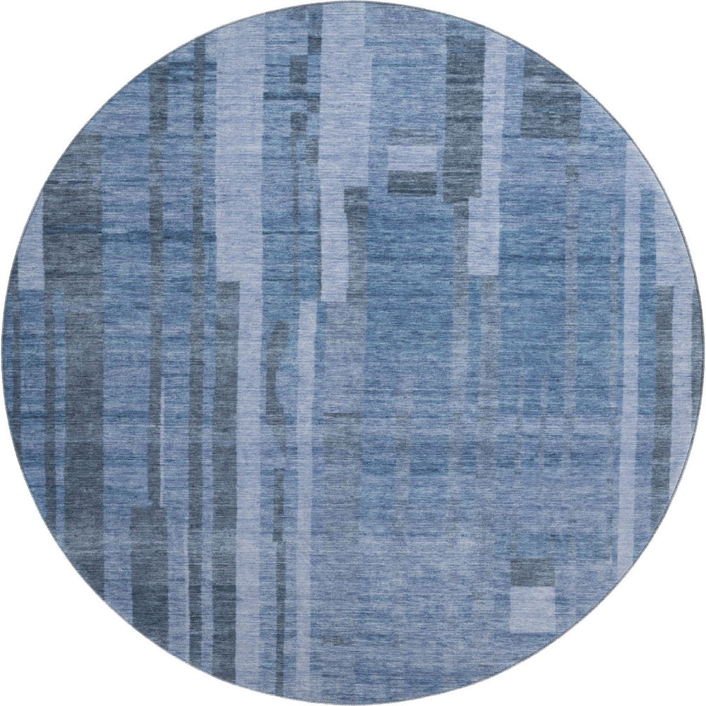 HomeRoots 8' Navy Blue Striped Round Washable Rug with UV Protection - Durable & Stylish for Any Space! 683276