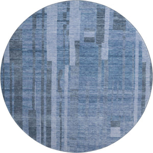 HomeRoots 8' Navy Blue Striped Round Washable Rug with UV Protection - Durable & Stylish for Any Space! 683276