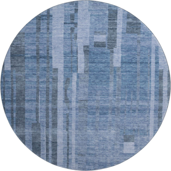 HomeRoots 8' Navy Blue Striped Round Washable Rug with UV Protection - Durable & Stylish for Any Space! 683276
