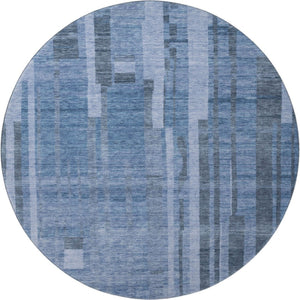 HomeRoots 8' Navy Blue Striped Round Washable Rug with UV Protection - Durable & Stylish for Any Space! 683276