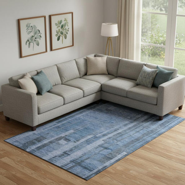 HomeRoots 9' X 12' Navy Blue Striped Area Rug – Washable, UV Protected, Durable Design for Modern Spaces 683278