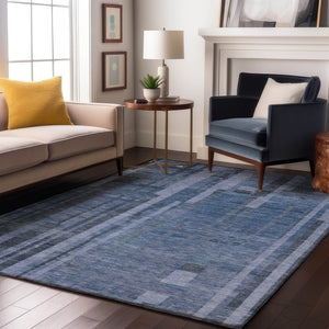 HomeRoots 9' X 12' Navy Blue Striped Area Rug – Washable, UV Protected, Durable Design for Modern Spaces 683278