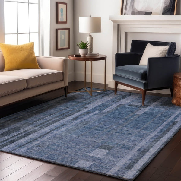 HomeRoots 9' X 12' Navy Blue Striped Area Rug – Washable, UV Protected, Durable Design for Modern Spaces 683278