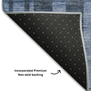 HomeRoots 9' X 12' Navy Blue Striped Area Rug – Washable, UV Protected, Durable Design for Modern Spaces 683278
