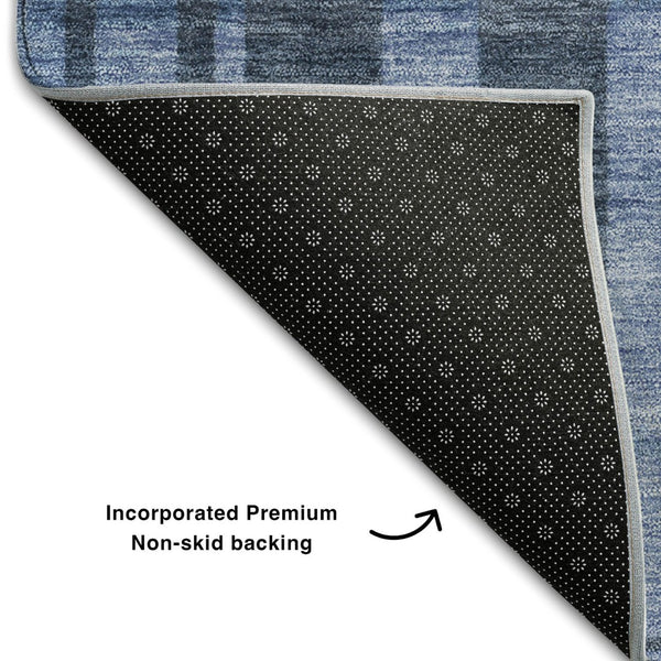 HomeRoots 9' X 12' Navy Blue Striped Area Rug – Washable, UV Protected, Durable Design for Modern Spaces 683278