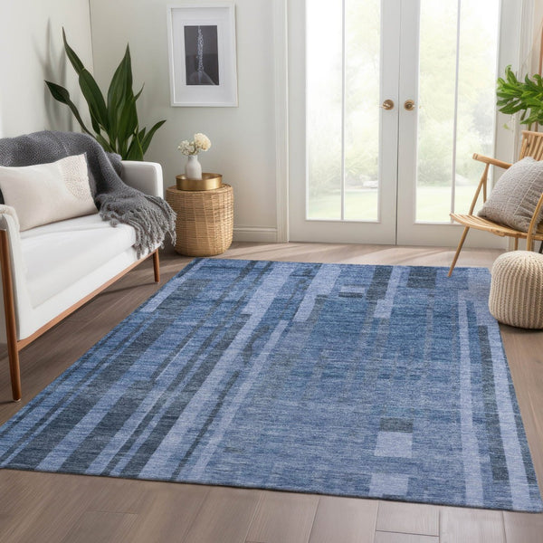 HomeRoots 9' X 12' Navy Blue Striped Area Rug – Washable, UV Protected, Durable Design for Modern Spaces 683278