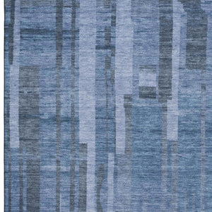 HomeRoots 9' X 12' Navy Blue Striped Area Rug – Washable, UV Protected, Durable Design for Modern Spaces 683278