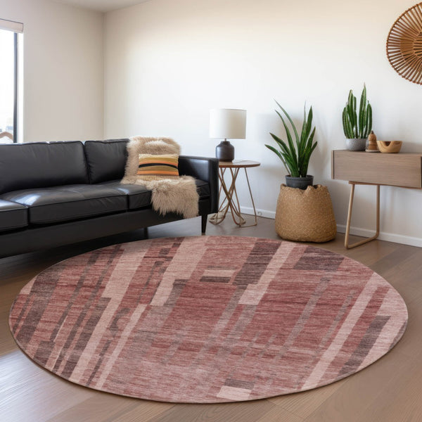 HomeRoots 8' Washable Round Rug with UV Protection, Rust and Coral Stripes - Durable, Stain-Resistant, Stylish 683282