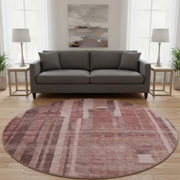 HomeRoots 8' Washable Round Rug with UV Protection, Rust and Coral Stripes - Durable, Stain-Resistant, Stylish 683282