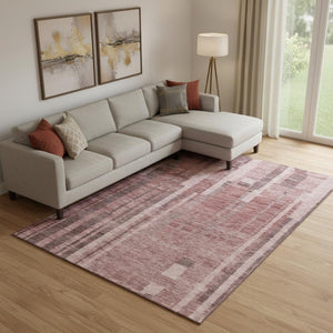 HomeRoots 9' X 12' Washable Area Rug in Rust & Coral Stripes – Durable, UV-Protected, Kid & Pet-Friendly Design! 683284