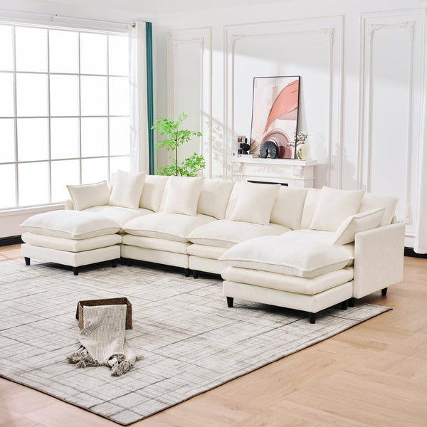English Elm 140.9-inch U-shaped Modular Sectional Sofa with Ottomans Chenille Cloud Cushions Beige W288S00029