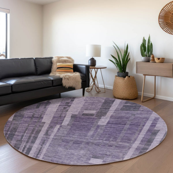 HomeRoots 8' Vibrant Purple & Lilac Striped Round Rug - Washable, UV Protected, Durable for Indoor & Outdoor Use 683288